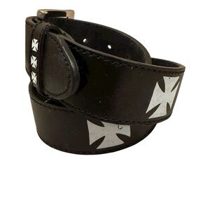 Vintage Y2K Iron Cross Black Belt Size 34-36 Faux Leather Punk Grunge Goth Edgy